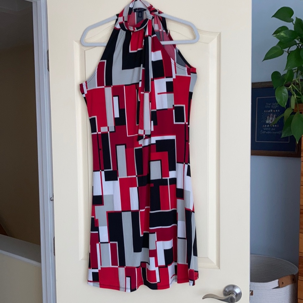 geometric print halter dress with neck bow. Anne Klein. Large.